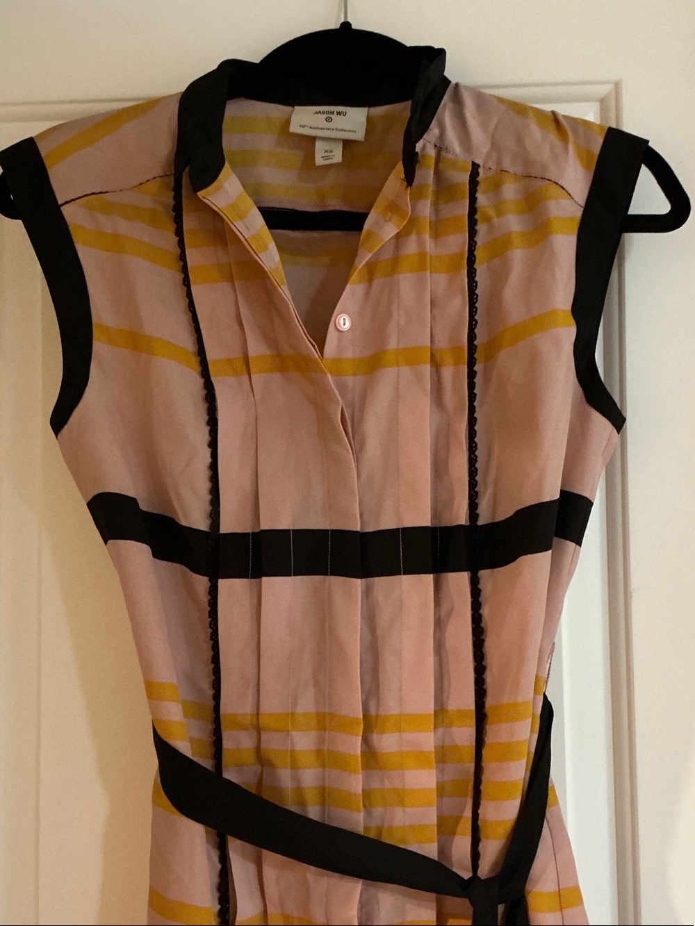 Jason Wu Pink and Yellow Striped Sleeveless Shirt Dress with Black Trim